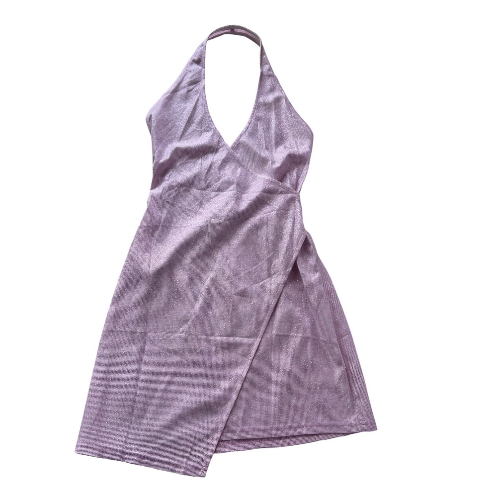 Princess Polly Lavender Pink Sparkle Halter Mini Dress Asymmetric‎ Wrap  XS